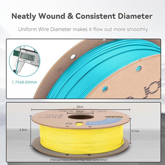 3DHoJor PLA Pro (Plus) Filament 1.75mm, 3D Printer Filament, 1kg*2 BundleCardboard Spool 3D Printing Filament, Dimensional Accuracy +/- 0.03 mm-Yellow+Light Blue