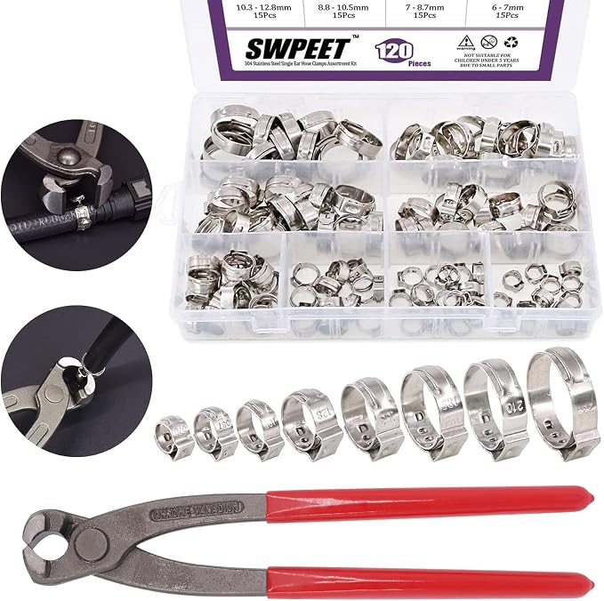Swpeet 120Pcs 304 Stainless Steel Single Ear Hose Clamps with 9 inch Single Ear Clamp Pliers