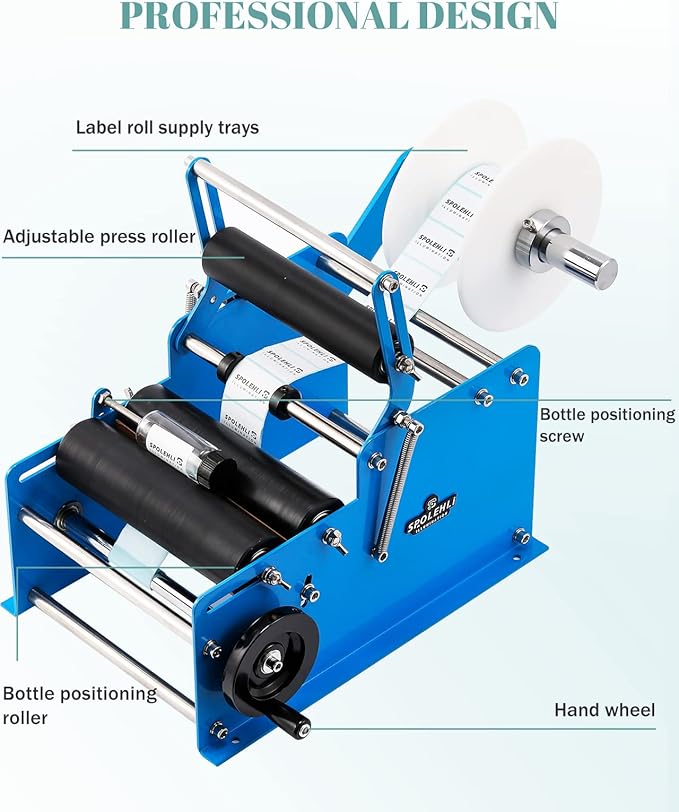 Bottle Labeling Machine with Swing Arm, Manual Round Bottle Labeler Label Applicator Adjustable Self-Adhesive Labeling Machine for φ0.6-4.7” Cylinder (with Pressing bar)
