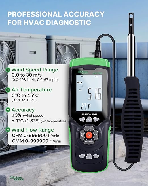 Hot Wire Anemometer AM-288 – HVAC Airflow Meter for Duct and Vent Testing, CFM/CMM Air Volume Calculation, Wind Speed & Temperature Measurement, Data Logging, USB PC Software