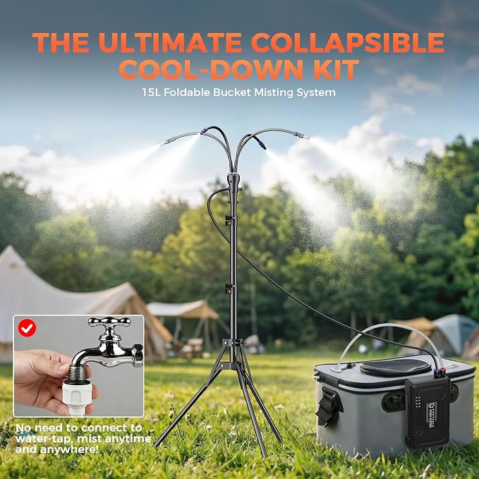 Portable Misting System with 15L Bucket, 10000mAh Battery Powered Standing Mister for Outside Patio, 4.2FT Adjustable Height Wireless Water Cooling Set for Backyard, Pool, Camping & BBQ -Grey