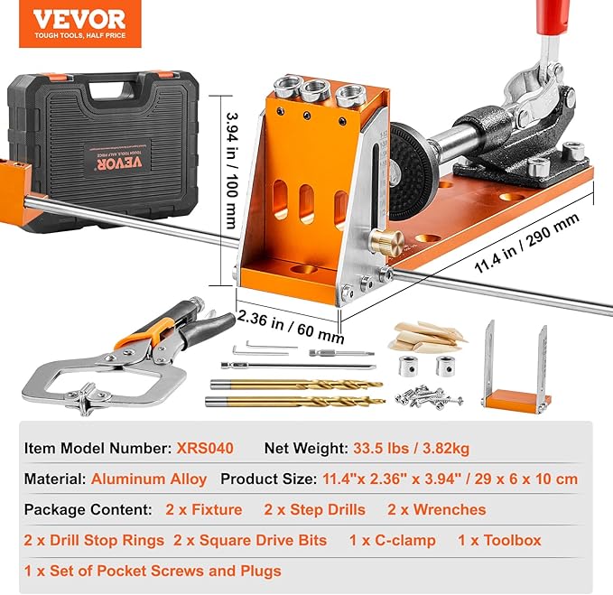 VEVOR 34 Pcs Pocket Hole Jig Kit, Adjustable Versatile Pocket Hole Jig with Toolbox,11" C-clamp, Fixture, Step Drills, Wrenches, Drill Stop Rings, Square Drive Bits-Gifts for Him
