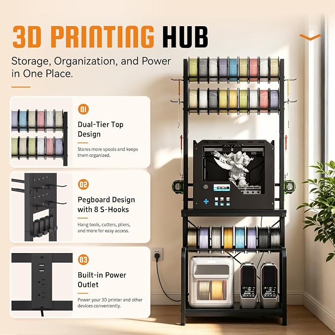 3D Printer Stand with Filament Storage,3D Printer Table with Power Outlets,Sturdy Double-Layer 3D Printer Workstation,for Workshop,Studio,Home Office and 3D Printing Enthusiasts,Carbon Fiber