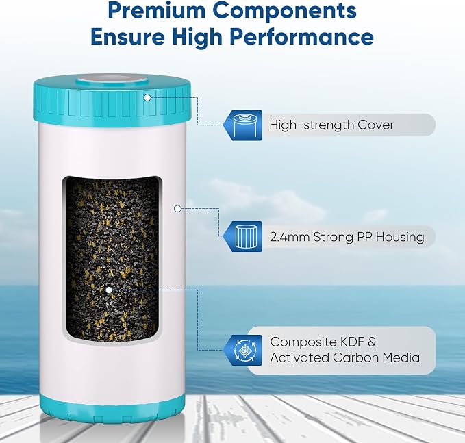 PUREPLUS 10" x 4.5" Whole House KDF Water Filter, Heavy Metal Removal Replacement Water Filter, 5 Micron, RFN10BB-CKDF, 1PACK
