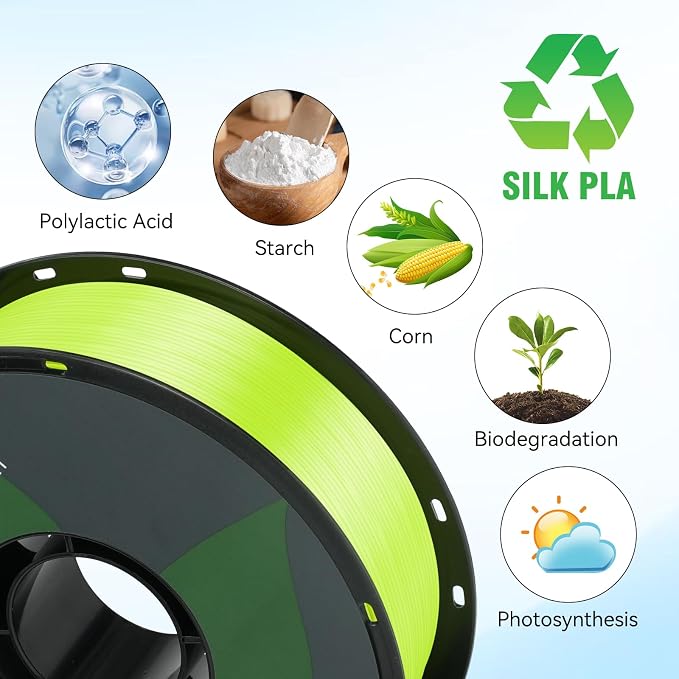 Silk Apple Green PLA 3D Printer Filament, Dimensional Accuracy +/- 0.03 mm, 1 kg Spool(2.2lbs),Silk PLA 1.75 mm Apple Green