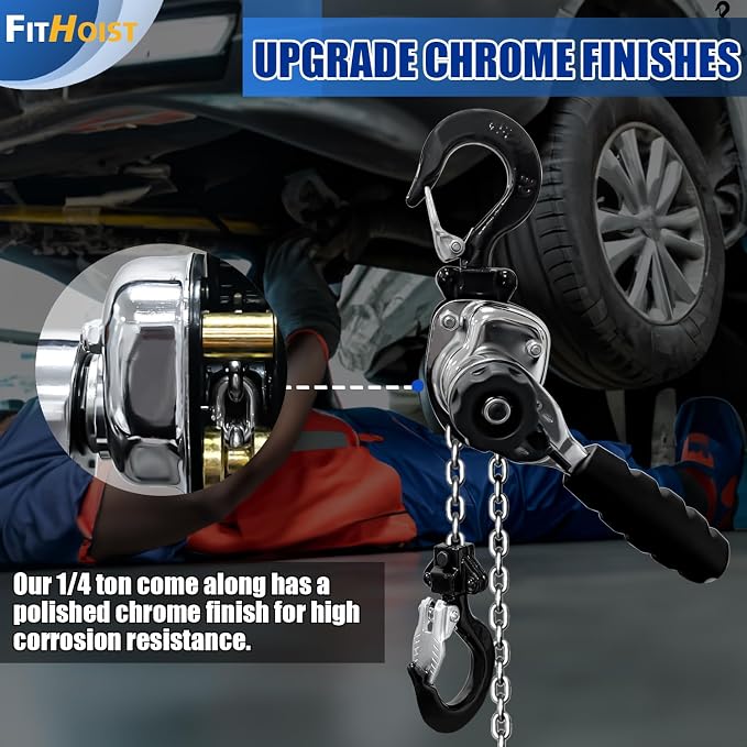 Chrome Plated Mini Chain Hoist 1/4 ton 550Lbs Capacity 10ft Lift Manual Lever Chain Hoist Resists Corrosion Chrome Exterior Finish Alloy Steel G80 Chain, for Garages Warehouse Automotive