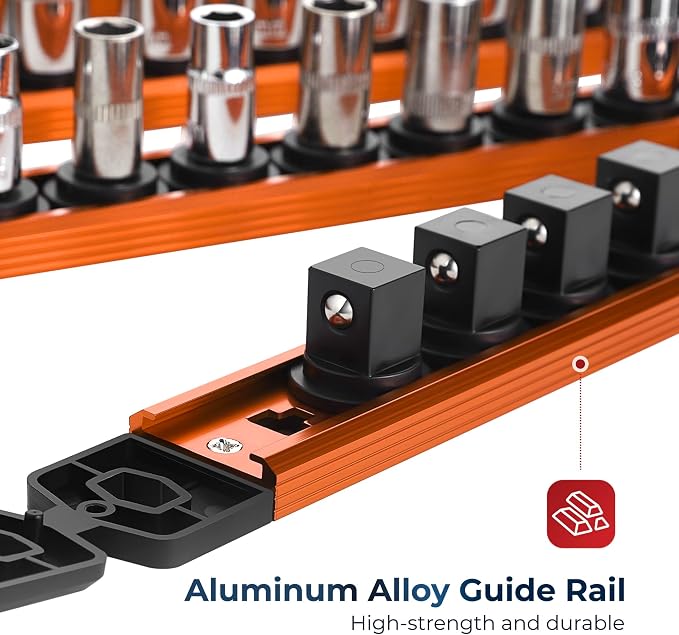 Reniteco Magnetic Socket Organizer Set, 3PC 1/2-Inch Drive Aluminum Alloy Socket Rail, Heavy Duty Magnetic Socket Holder for Tool Box Drawer, 360° Swivel Socket Rack, 1/2" x 36 Clips, Orange