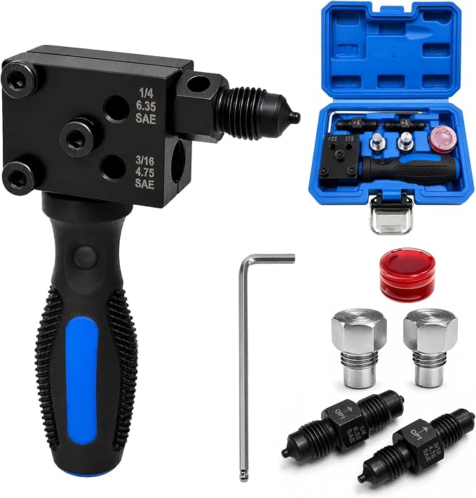 Brake Line Flaring Tool Kit, 45° SAE Single/Double & Bubble Flare Tool | Removable Handle, for 3/16", 1/4" Copper & Aluminum Tubing, for Vehicle Brake and Hydraulic Line Repair