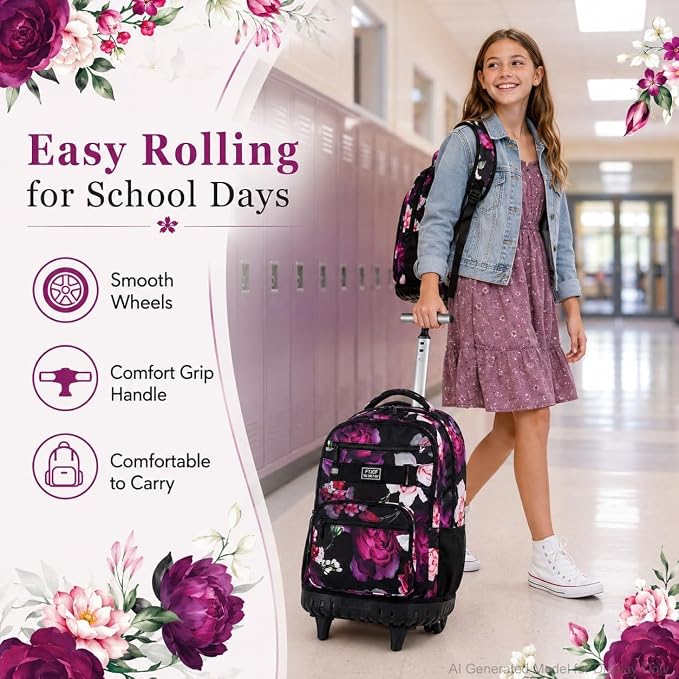 3Pcs Rolling Backpack for Girls Women, Travel Roller Backpacks with Wheels for Adults, Teens College Rose Wheeled Bookbag with Lunch Box(Black)