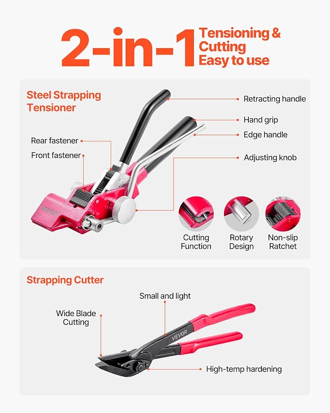 VEVOR Steel Banding Strapping Kit, Heavy Duty Banding Sealer Tool with 200 ft Binding Straps, 200 Metal Clasps, Manual Pallet Packaging Strapping Kit for Warehouse, Transportation, Industrial Bundling