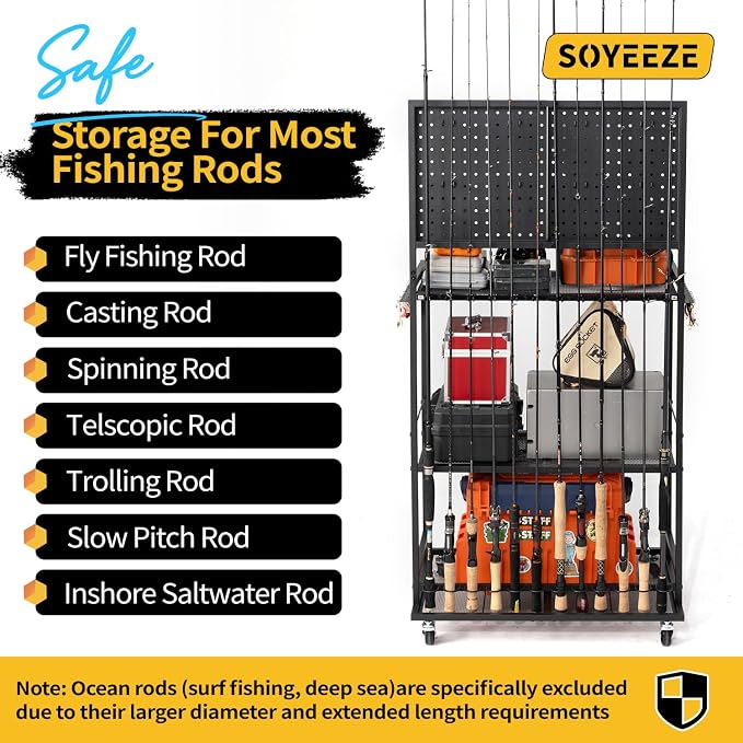 SOYEEZE Large Size Fishing Rod Holders for Garage, 3-Tier Fishing Pole Rack with Pegboard and Hooks, Fishing Gear Tackle Box Organizer Up to 12 Rods, Rolling Fishing Storage Cart with Lockable Wheels