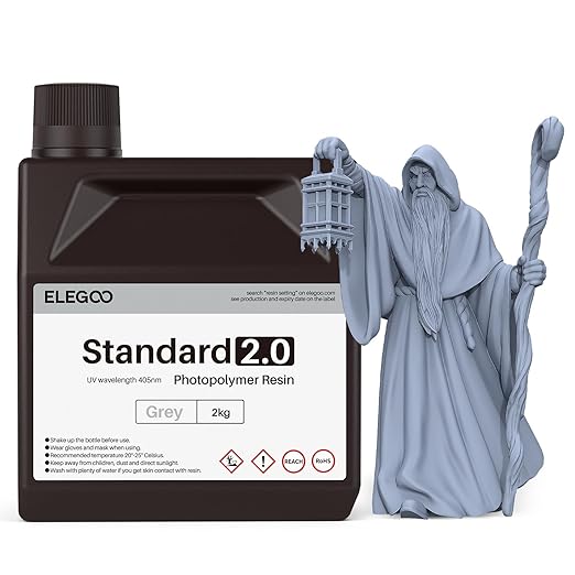 ELEGOO Upgraded Standard Resin 2.0, 405nm LCD Rapid UV-Curing 3D Printer Resin, Higher Precision, Lower Shrinkage, Non Toxic 3D Photopolymer Resin for LCD/MSLA/DLP 3D Printing, Grey 2000G