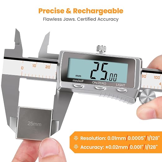 HARDELL Digital Caliper 8 Inch, Rechargeable All Metal Electronic Micrometer with Large Backlit LCD, Inch/mm/Fraction Conversion, Auto-Off – Measuring Tool for DIY, 3D Printing, Workshop & Household