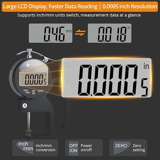 Neoteck Digital Thickness Gauge 1inch/25.4mm,0.0005inch/0.01mm LCD Display with Inch/MM Conversion One-Hand Quick Press Thickness Measuring Tool for Leather Paper Fabric Film etc.-Silver-Black