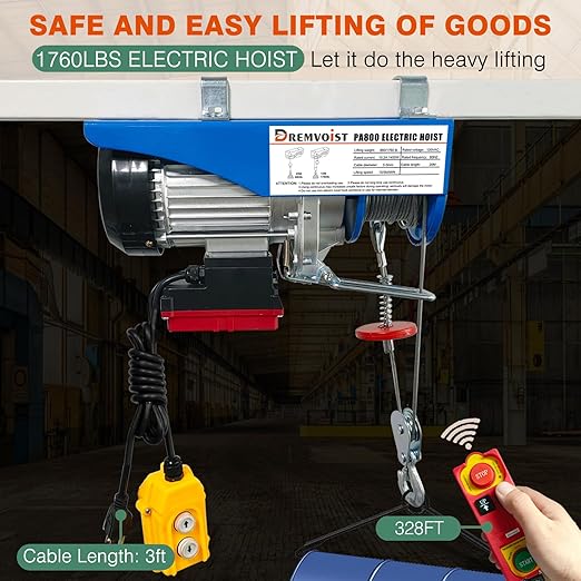 Electric Hoist with Remote Control,1760lbs Electric Hoist 110 Volt,Electric Hoist Winch Wireless/Wired 2 in 1,33/66FT Lifting Height,for Factories,Garage,Warehouses, Construction Site
