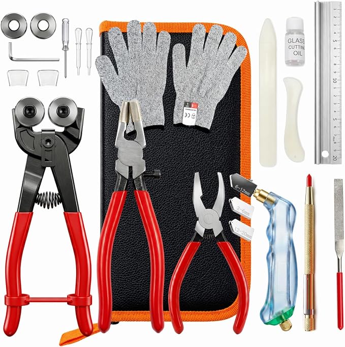MEEFAUE 24PCS Stained Glass Kit, Professional Glass Cutters Tools Kit with Wheeled Glass Nipper, Running ＆ Grozer Pliers, 2-20mm Glass Cutter, Cutting Oil, Safety Gloves & Ruler for Mosaic,Tile,DIY