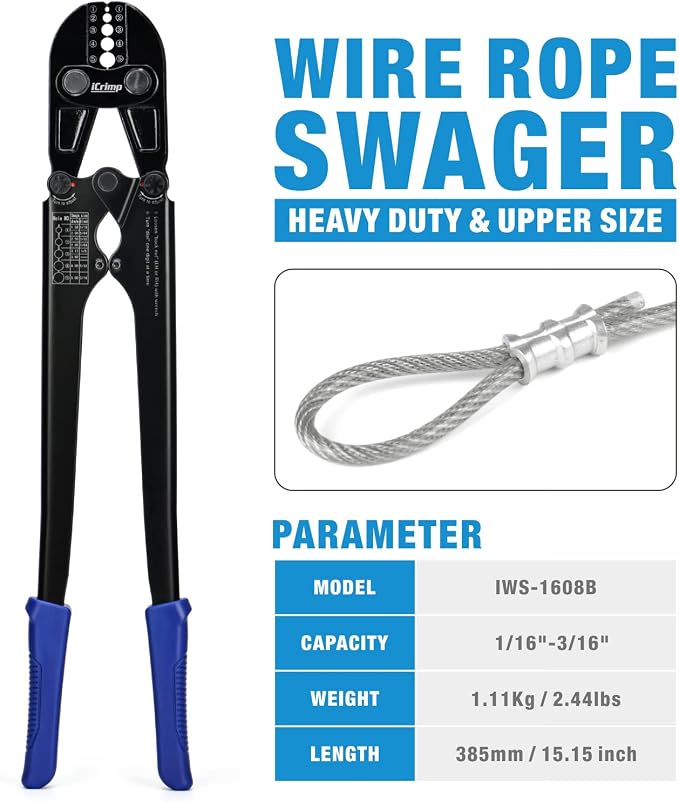 iCrimp IWS-1608B Wire Rope Crimping Tool for Aluminum Loop Sleeves, Duplex Oval Cable Ferrules 1/16’’ to 3/16’’, c/w Wire Rope Cable Cutter