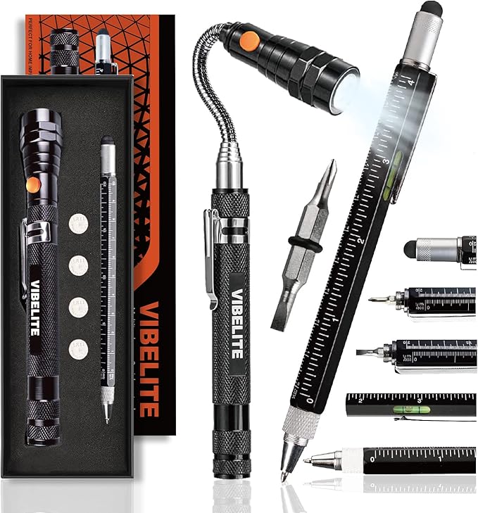 Magnetic Pickup Tool and 6 in 1 Multitool Pen with Touch Screen Stylus, Rulers, Bubble Level, Flathead, Phillips Screwdriver, Ballpoint Pen, Fathers Day Dad Gifts, BIrthday Gifts for Men, Dad, 2Pack