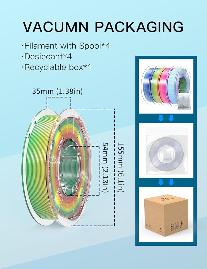 PINBALL Silk & Matte Rainbow PLA 3D Printer Filament 1.75mm, 250g*4 | Multicolor Filament, Shiny Fast Color Changing, Dimensional Accuracy +/- 0.02mm