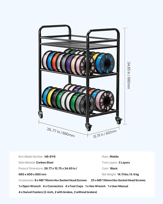 VEVOR 3D Printer Filament Storage Rack, 4 Tier Heavy Duty Storage Shelf, Rolling Filament Spool Holders Racks with Wheels, Filaments Organzied for 3D Printing Station, Office, Workshop (Shelf Only)