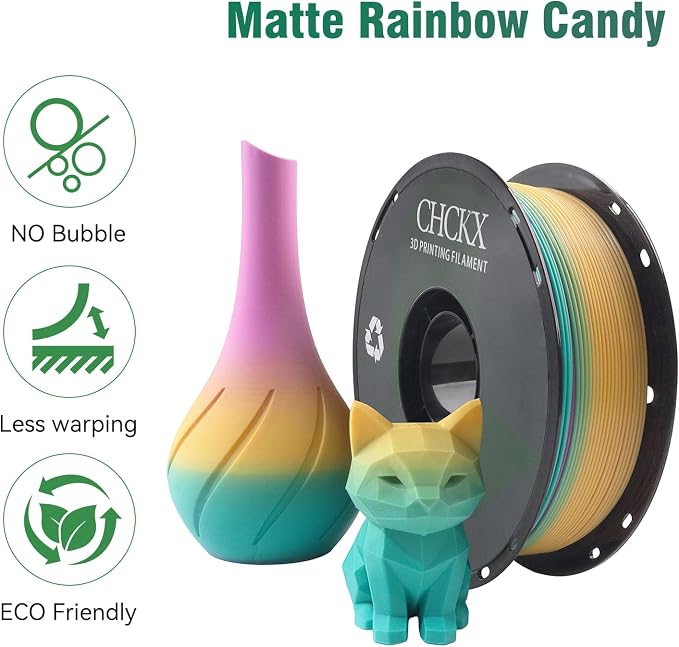Matte Rainbow PLA 3D Printer Filament, Candy 3 Purple Pink Yellow | 1.75mm, 1KG Spool (2.2lbs), Gradient Filament, For Most FDM 3D Printers