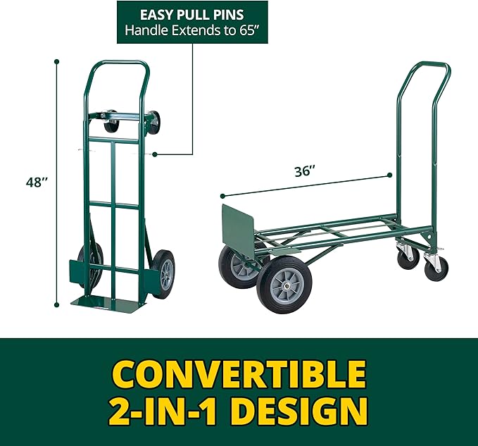 Harper Trucks JEDT8635P Convertible Hand Truck Cart, 600 lb 2-Wheel Dolly and 700 lb 4-Wheel Cart with Flat-Free Rubber Wheels for Moving, Delivery, Warehouses and Retail Stocking