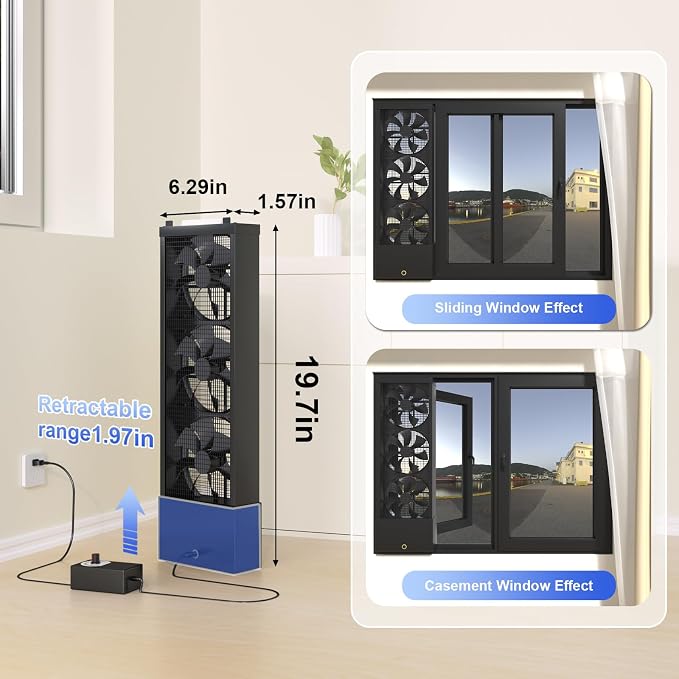 Vertical Window Fan for Sliding Windows (Black, 45~50cm/17.8~19.7in) | No Drilling Required Installation, Adjustable Wind Speed, 1.97 IN Retractable, for Bedroom Bathroom Kitchen Office