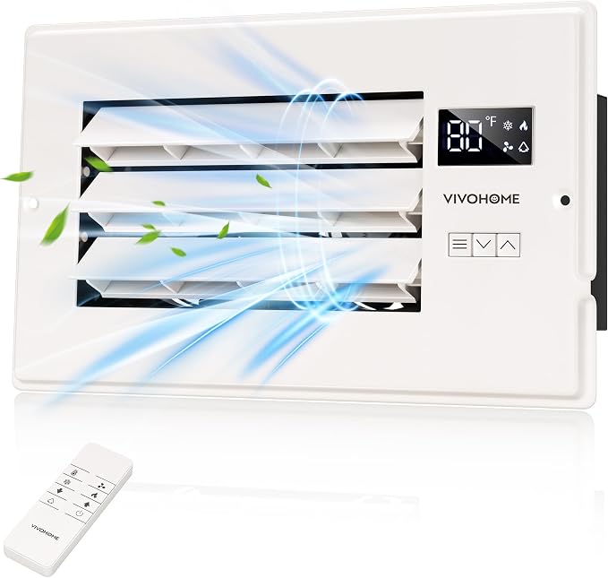 VIVOHOME Register Booster Fan - 6'' x 10'' Opening with Adjustable Louver - Smart Thermostat & 10-Speed Remote Control - AC Vent Fan for Floor, Ceiling, Wall - Quiet Operation (White)