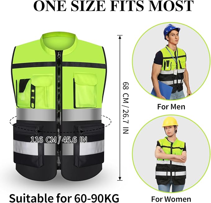 Safety Vest Two Tone for Men Women Work Vest with Pockets and Zipper Construction Workwear Vest