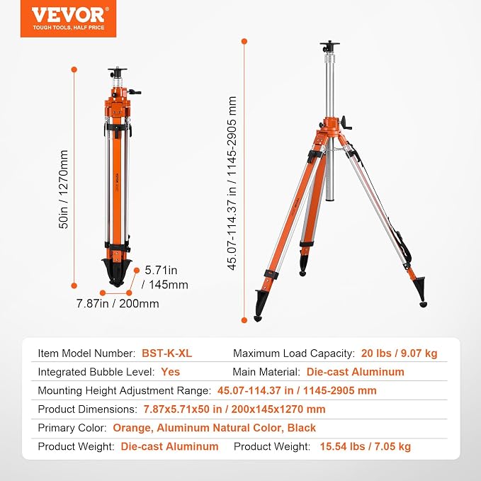 VEVOR Laser Level Tripod Stand, 5/8"-11 Thread Mount, 45.07-114.37 inch Height Adjustment Heavy Duty Survey Tripod, with Level Bubble & Diffusion Limiter, Liftable Non-Skid Feet for Construction