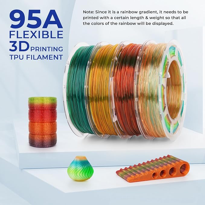 AMOLEN TPU 3D Printer Filament Bundle, Transparent Multicolor Rainbow TPU 1.75mm, Color Change Flexible Soft TPU 3D Printing Filament Supports High Speed, 200gX4 Spools