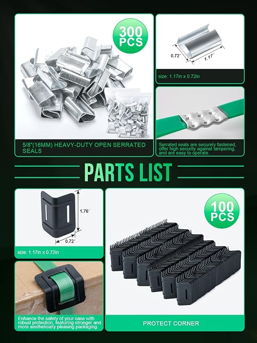 Banding Strapping Kit, Heavy Duty Pallet Packaging Kit with >1500lbs 5/8" x 1300' PET Strapping Roll, 300 Metal Seals, 100 Corner Protectors, Strapping Tensioner, Banding Sealer Tool