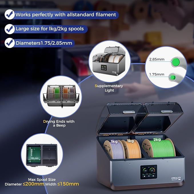 Creality Filament Dryer 4 Spools,Space Pi X4 Filament Storage Box: Dual Independent Heating Chambers Up to 85℃, Auto Silent Power Saving Storage with 4kg Hyper PLA (Black/White)