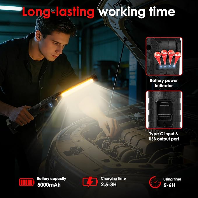 Led Work Light Magnetic, 7 Modes & 180°Rotate Rechargeable Led Work Light, Portable COB Flashlight with Strong Magnet, Mechanic Light for Car Repair, Camping, Emergency, Tool Gifts for Men Him (2)
