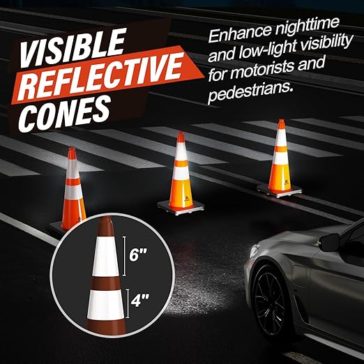 RoadHero 4 Pack 28 Inch 5.5 Lb Traffic Cones with Heavy Black Base, Orange Safety Cone with Reflective Collar for Parking Lot, Construction Work, Road Safety