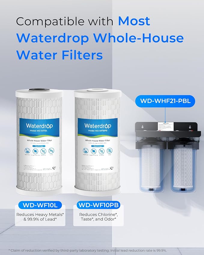 Waterdrop WF10PBL Whole House Water Filter, Compatible with WHF21-PBL, GE® FXHTC, GXWH40L, iSpring, Culligan® RFC-BBSA, Whirlpool®, Any 10" x 4.5" System, Reduces Lead, PFAS, Heavy Metals