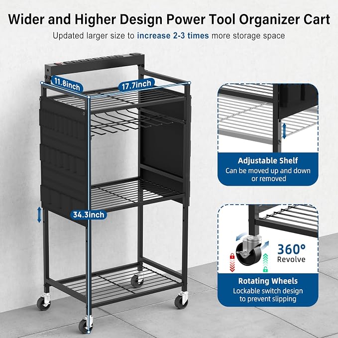 JUNNUJ Garage Large Power Tool Organizer Cart with 8 Outlet 3 USB Charging Station, Floor Rolling Drill and Tools Battery Storage Cart on Wheels, Heavy Duty Utility Rack Shelf with Power Strip, Black