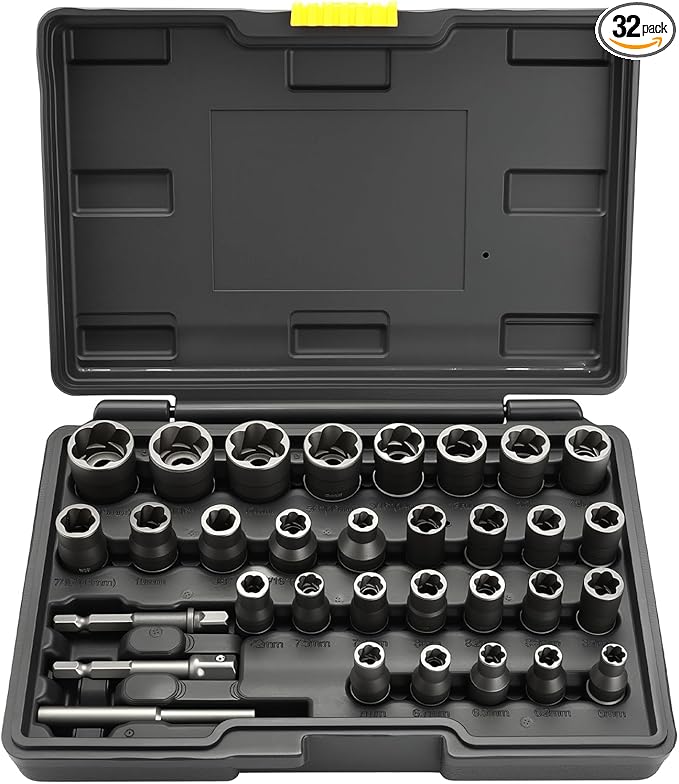 Eapele Bolt Extractor Set, Stripped Nut Remover Twist Sockets, Fit 3/8" Square Drive with Solid Storage Case (32pcs, Black)