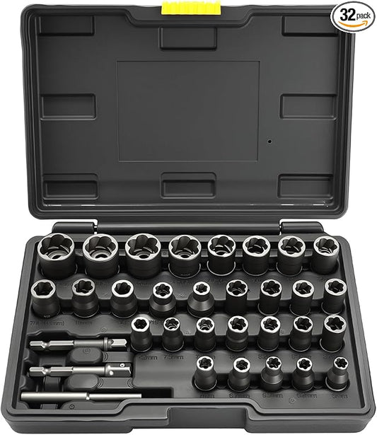 Eapele Bolt Extractor Set, Stripped Nut Remover Twist Sockets, Fit 3/8" Square Drive with Solid Storage Case (32pcs, Black)