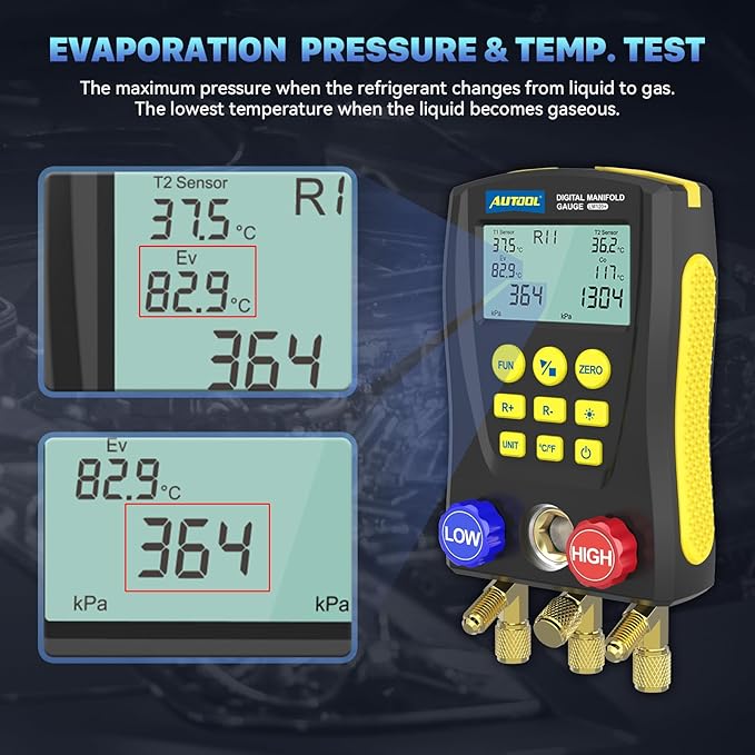 AUTOOL Digital Manifold Gauge HVAC, AC Dual Pressure & Temperature Test, 92 Refrigerant Refrigeration Gauge with Vacuum/Leak Test, LCD Backlight Temp Clamps (LM120)