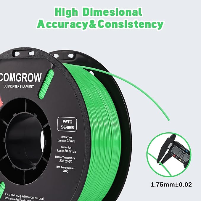 Comgrow PETG 3D Printer Filament 1.75mm, High Precision and Tough 3D Printer Filament (2LBS), Dimensional Accuracy +/- 0.02 mm, Fit Most 3D Printers Grass Green