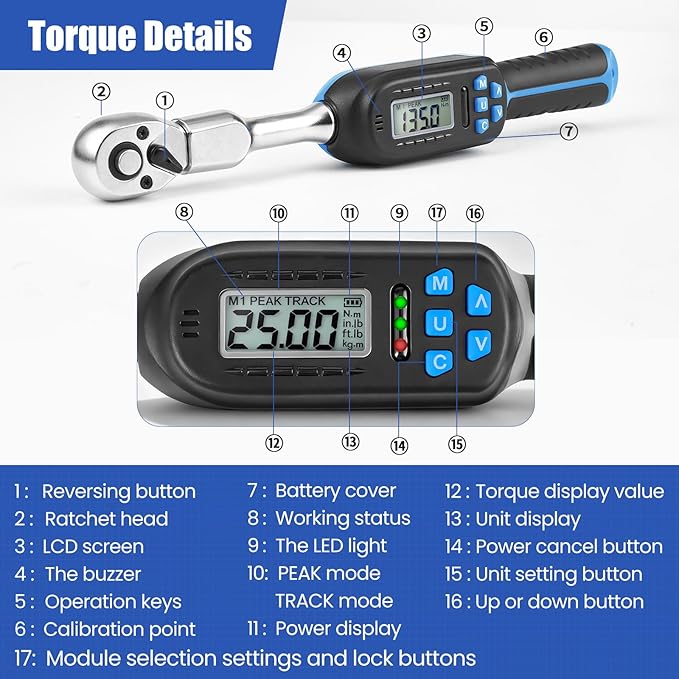 Wisscool Digital Torque Wrench, 5-99.6 ft.lb/6.8-135 N.m, HVAC Torque Wrench with 42mm Jaw, 1/2 Drive Ratchet 3/8 Adapter ±2% Accuracy, Vibration Buzzer and LED Indicator for Split AC Moto Car