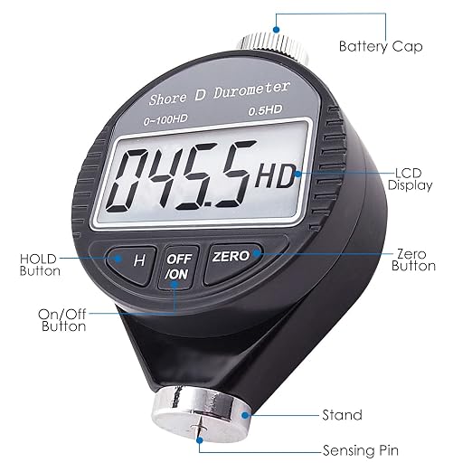 Shore D Rubber Hardness Meter, Digital Hardness Tester 0-100HD Hardness Durometer Tester with Large LCD Display Durometer Scale for Rubber, Tire, Plastic, Thermal Plastic, Flooring, and Bowling Ball