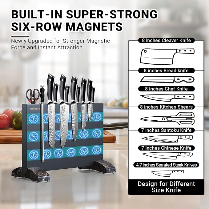 Black Magnetic Knife Block Stand Without Knives Black Double Sided Magnetic Knife Holder Rack for Kitchen Counter Stainless Steel Knife Magnetic Strip Display Stand Storage Organizer