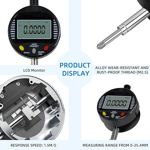 Digital Dial Gauge,with A Range of 25.4mm,Dlectrical Digital Indicator Accuracy of 0.01mm/0.0005 "Metric and Imperial Measure Tool Electronic Dial Gauge for 3D Printing,CNC Machine and Auto Repair