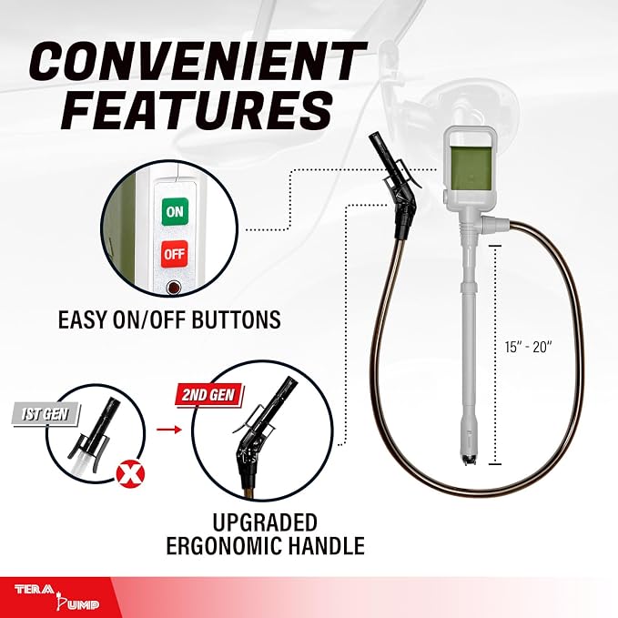 TERA PUMP 2nd Gen. TRCDA Portable Fuel Transfer Pump with Auto-Stop (2.5 Gal/Min) Adjustable Suction Tube, Patented Control Handle, Redesigned Nozzle for Gas/Diesel/Kerosene / E15 to E85