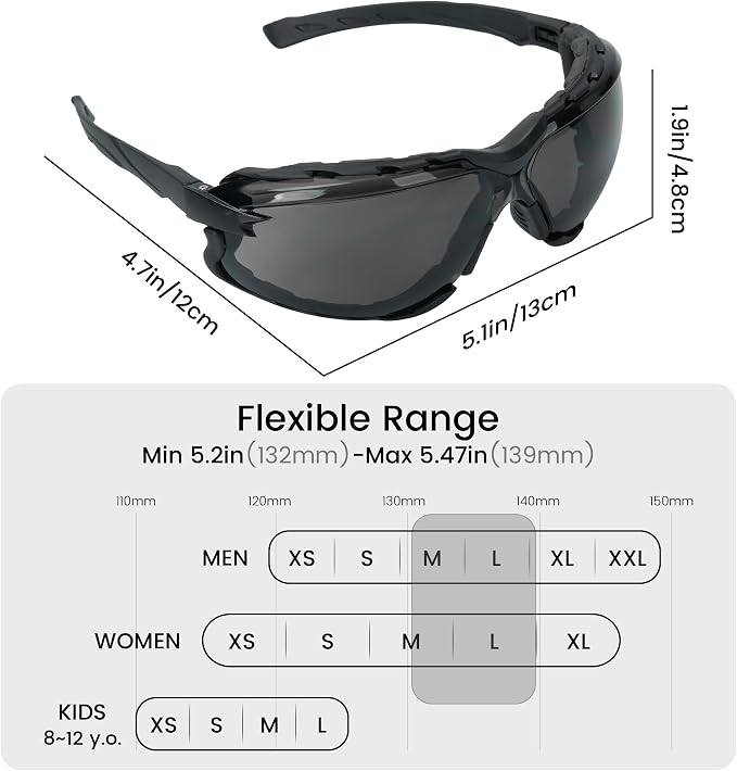 Flaya Adjustable Foam Lined Safety Glasses ANSI Z87.1 Anti-Fog Mowing Goggles for Men & Women, UV400 Protection with Strap
