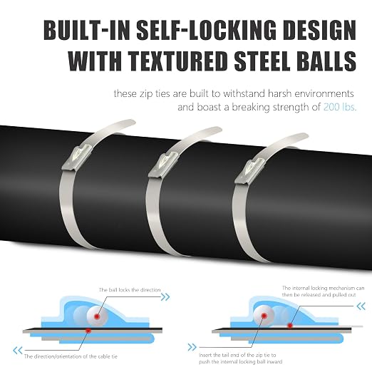 Heavy Duty Banding Strapping kit Contain 100Pcs 0.18"x 11.8" 304 Stainless Steel Zip Ties Self-Locking & Tensioner with Cutter Tool Glove
