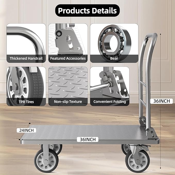 Heavy Duty Platform Truck Cart, Flatbed Cart Folding Hand Trucks, 2200lbs, with 6" Swivel Brake Casters, Foldable for Easy Storage (36" x 24")