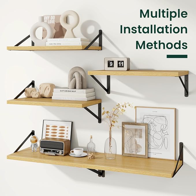 Floating Shelves 12 Inch Deep, 36W x 12D Wall Shelf Set of 2, 60 lbs Heavy Duty Reversible Metal Brackets, Deep Industrial Book Shelf for Living Room Kitchen Bath Bedroom Coffee Bar, Oak